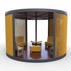 a round room with two chairs and a table