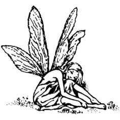 a black and white drawing of a fairy sitting on the ground