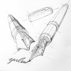 a pencil drawing of two different types of pens