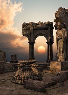 the sun is setting over some ruins in an ancient area with statues and sculptures on it