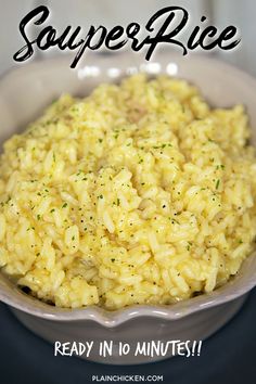 a bowl filled with rice on top of a counter next to the words souper rice ready in 10 minutes