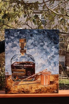 a painting of a bottle of whiskey on a wooden table next to a tree and fence