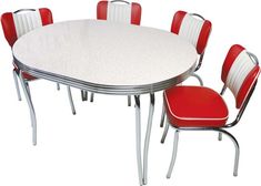 a white table with six red chairs around it and one chair on the other side