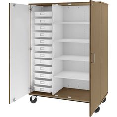 an open storage cabinet with many drawers