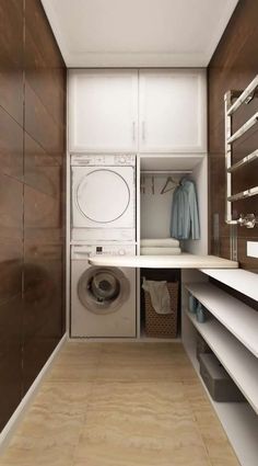 a washer and dryer sitting in a room next to each other on shelves