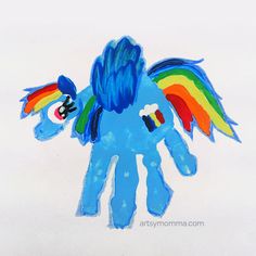 a drawing of a blue pony with rainbows on it's wings