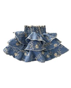 Get ready for some serious cuteness overload with this denim skirt! It's got darling embroidered details and playful ruffles that add just the right amount of charm. Don't forget to pair it with the Milly Bikini Set for the perfect look. Summer Lined Denim Blue Denim Skirt, Summer Denim Blue Lined Skirt, Spring Denim Lined Skirt, Summer Denim Blue Lined Denim Skirt, Spring Tiered Denim Skirt, Spring Denim Blue Tiered Skirt, Denim Blue Tiered Skirt For Spring, Summer Denim Tiered Skirt, Blue Tiered Denim Skirt For Spring