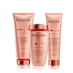 This set aims to smooth each fiber, define its texture and guarantee fluidity. Using breakthrough Morpho-Keratine technology, these products envelop each hair fiber in feather-light coating, adding suppleness and shine while sublimating hair's movement. The result is weightless smoothness, anti-frizz action and anti-humidity protection. The set includes a shampoo that gently cleanses the fiber from root to tip leaving hair soft and easy to untangle, conditioner which softens the hair while bringing a lightweight finish and brilliant shine and a heat-protecting primer for a flawless finish in styling. Your routine includes: Bain Fluidealiste Shampoo, 250ml Hair-smoothing sulfate-free shampoo for frizzy or curly hair. Sulfate free. Transforms frizzy hair into soft, smooth hair. Delivers opti Kerastase Discipline, Kerastase Hair, Hair Set, Unruly Hair, Hair Solutions, Hair Setting, Sulfate Free Shampoo, Frizz Control, Permed Hairstyles