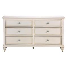 a white dresser with six drawers and two pulls on the bottom drawer, against a white background