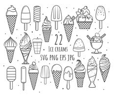 ice creams and other desserts are shown in this hand drawn doodle style