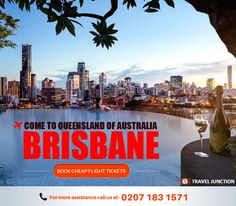 an advertisement with the words welcome to queensland on it's front and skyline in the background