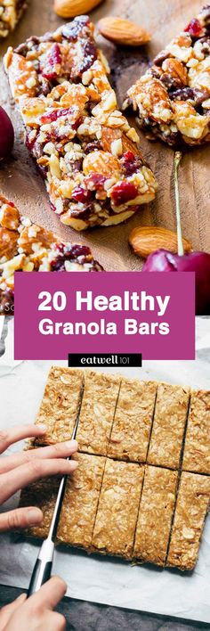 some granola bars are being cut up and stacked on top of each other with the words, 20 healthy granola bars