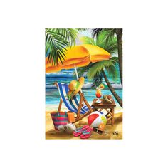 a beach scene with an umbrella, chair and other items on the sand under palm trees