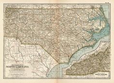 an old map of north carolina showing the roads and major cities, including the state's capital