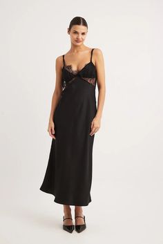 Satin Lace Detail Midi Dress Black | NA-KD Night Out Midi Slip Dress With Built-in Bra, Spring Evening Midi Dress With Built-in Bra, Lace Dress With Delicate Straps For Date Night, Lace Dresses With Delicate Straps For Night Out, V-neck Contrast Lace Slip Dress For Night Out, Elegant Lace Midi Slip Dress, Black Midi Dress With Contrast Lace, Summer Satin Dress With Contrast Lace, Chic Satin Dresses With Contrast Lace