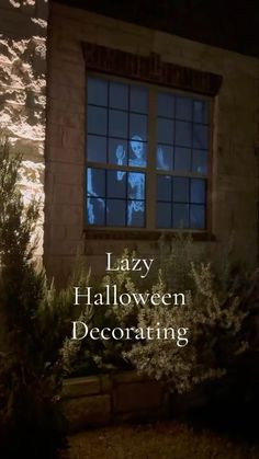 the cover of lazy halloween decorating, with an image of a man in a window