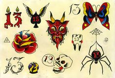 an old school tattoo flash sheet with various designs on it, including devil and spider