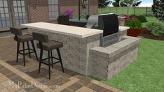 an outdoor kitchen with bar stools next to it and a grill in the back