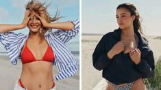 two women in bikinis on the beach one wearing a blue and white striped shirt