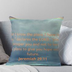 a bible verse about the lord and his plan on a blue sky background throw pillow