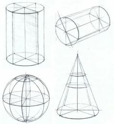 four different angles of a wire ball, cone, and cylinder on a white background