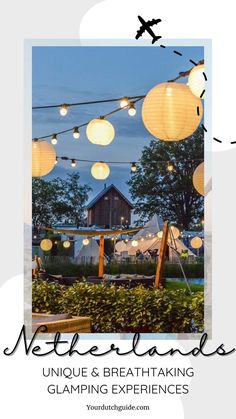 an outdoor event with paper lanterns hanging from the ceiling and in front of it, there is