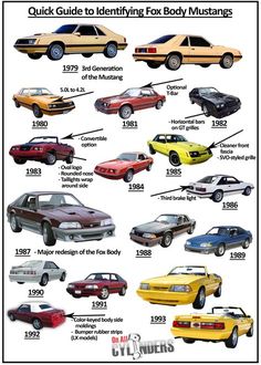 the history of ford mustangs from 1965 to present as an info sheet for their generations