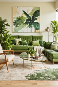 a living room filled with green furniture and potted plants on top of a table