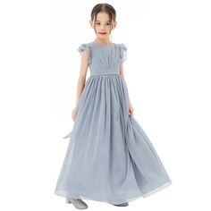 The elegant bodice feature is made out of Yoryu chiffon with ruffled cap sleeves. The skirt has 3 layers, top 1st layer is made of chiffon, 2nd and 3rd layers are soft satin lining to bring comfort to your little girl while wearing the dress. Size: 6.  Color: Blue.  Gender: female.  Age Group: kids.