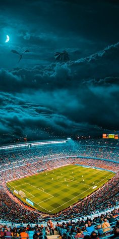 a stadium filled with lots of people watching a soccer game on a dark cloudy night