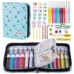 a case filled with lots of different colored pens and scissors next to other items on a white background