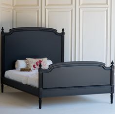 Lovely Louis Bed with Footboard French Furniture Design, Bed With Footboard, Steel Bed Frame, Black Bed, Beautiful Bed, Steel Bed, Bed Linen Design, Curved Lines, Wood Beds