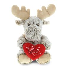 a stuffed moose holding a red heart with the words i love you written on it