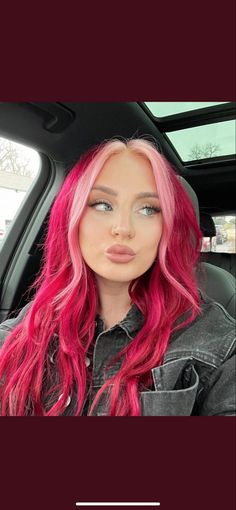 Pink Hair With Light Pink Money Piece, Dark Pink Hair With Blonde Money Piece, Magenta And Light Pink Hair, Red And Light Red Hair, Magenta Hair Pink Money Piece, Pink With Blonde Money Piece, Pink Hair With Light Pink Front Pieces, Crazy Hair Colors Ideas, Pop Of Colour Hair