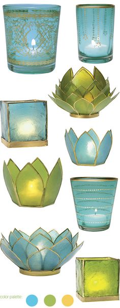 an assortment of blue and green glass bowls