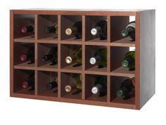 a wooden wine rack filled with lots of bottles