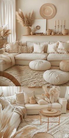 two pictures of a living room with couches and pillows on the floor in front of a window