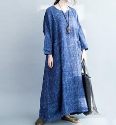 Cotton and linen Loose Fitting Maxi Dress oversized by MaLieb Spring Midi Dress With Pockets, Long Cotton Dresses With Pockets, Casual Shift Maxi Dress With Pockets, Fall Shift Maxi Dress, Blue Maxi Dress With Pockets, Long Fall Dresses With Pockets, Elegant Long Dress With Pockets, Cotton Shift Maxi Dress With Long Sleeves, Long Relaxed Fit Dress With Pockets