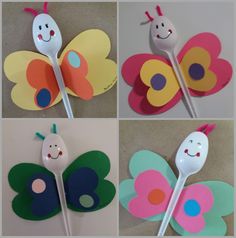 four different pictures of spoons with flowers and butterflies on them, one is made out of paper