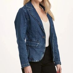 Denim blazer jacket, long sleeve with button closures, seams & center back vent, flap pockets & darts for shape support. Dark wash denim on standard fit. Body length from HPS: 26", Sleeve length: 24", Bust: 36" (Size Small) 99% COTTON 1% SPANDEX Machine wash cold, Tumble dry low. Classic Denim Outerwear With Lapel Collar, Classic Long Sleeve Denim Jacket With Double Button Closure, Spring Fitted Blazer With Buttoned Pockets, Classic Medium Wash Blazer With Button Closure, Fitted Cotton Denim Jacket With Lapel Collar, Classic Single-breasted Medium Wash Denim Jacket, Spring Denim Jacket With Notch Lapel And Button Closure, Denim Notch Lapel Outerwear With Button Closure, Classic Single Breasted Medium Wash Denim Jacket