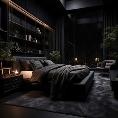 a bedroom with black walls and dark furniture