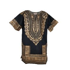 "Black and Gold Traditional African Print Dashiki Shirt 100% Cotton Vibrant colors. length is approximately between 32 - 35\" depending on size Hat not included Colors include - Black and Gold Size: XL.  Gender: male.  Age Group: adult." Black Diaspora, African Dashiki Shirt, African Kaftan, African Print Shirt, African Suit, Dashiki Shirt, Flower Print Shirt, African Dashiki, African Shirts