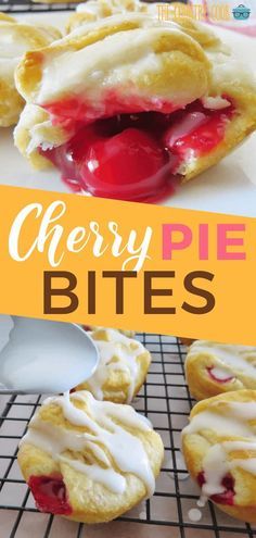 cherry pie bites on a cooling rack with the words cherry pie bites in front of them