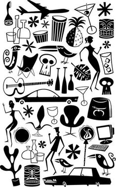 black and white drawing of various objects in the shape of a circle, including an image of