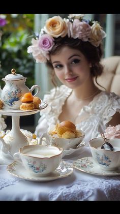 a woman sitting at a table with tea cups and pastries on top of it