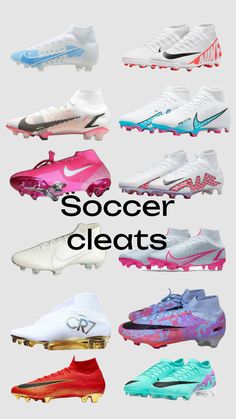 soccer cleats in different colors and sizes