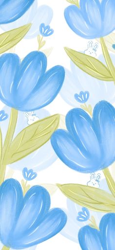 blue flowers and green leaves on a white background