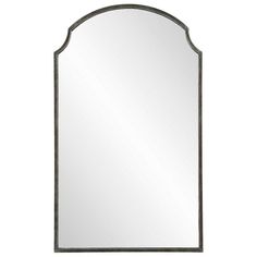 a large mirror with an arched frame and metal trimmings on the bottom half