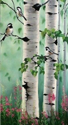 a painting of birds perched on the branches of birch trees with pink flowers in the foreground