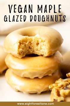 vegan maple glazed doughnuts stacked on top of each other with text overlay